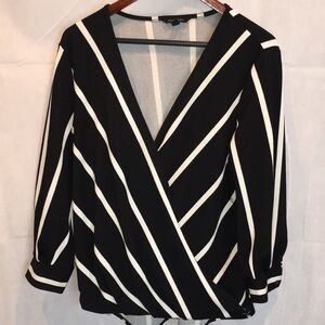 Banana Republic Black and White Striped V-Neck Long Sleeve Wrap Blouse | Size L